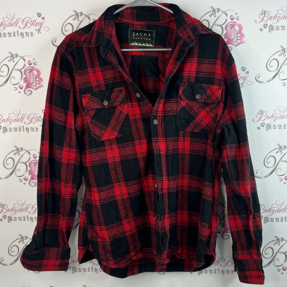 Jachs New York button down plaid stripes pockets Red and Black Plaid Shirt